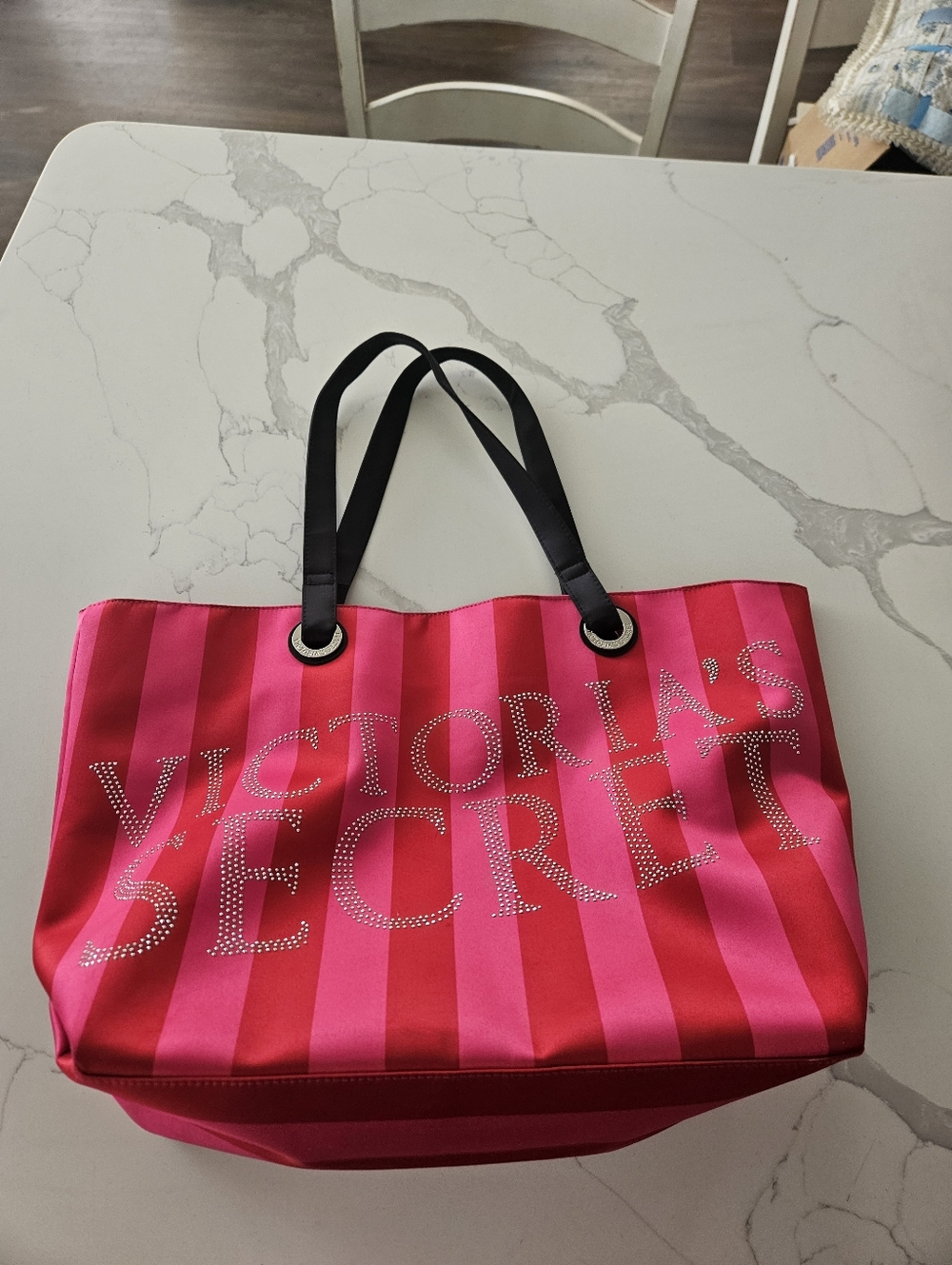 Victoria Secret Bold Pink & Red Striped Tote with Black Handles